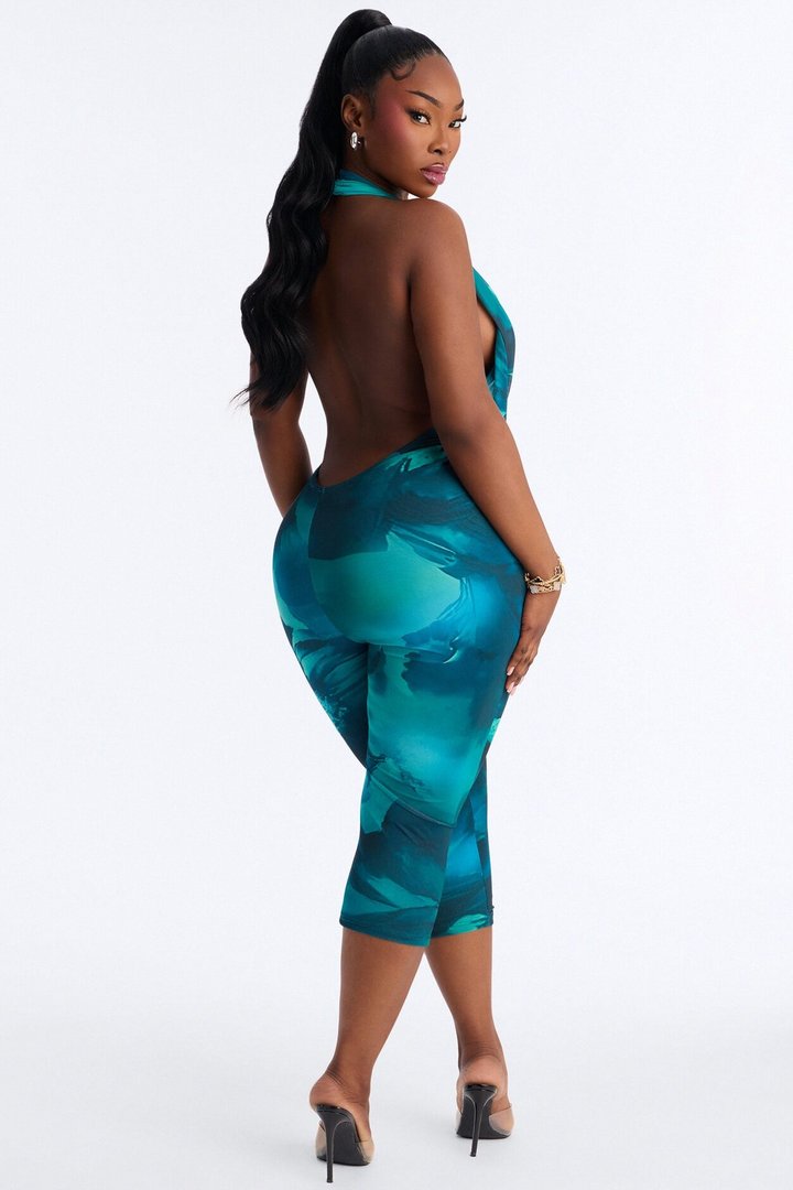 Jade Mesh Backless Capri Jumpsuit - Green/combo
