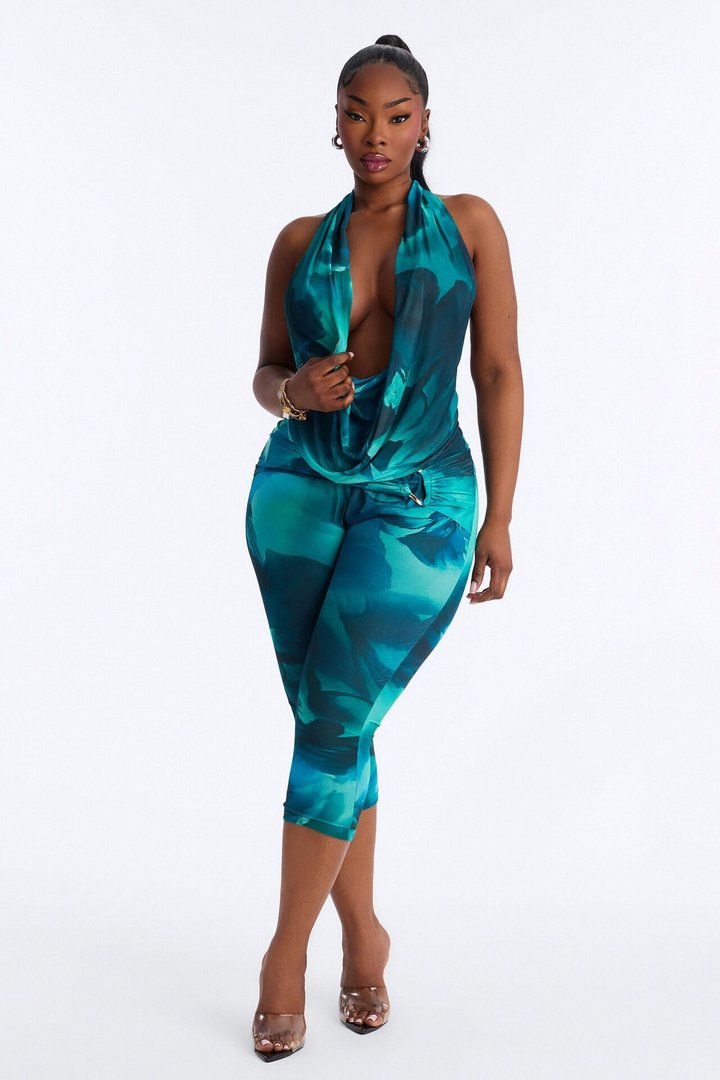 Jade Mesh Backless Capri Jumpsuit - Green/combo