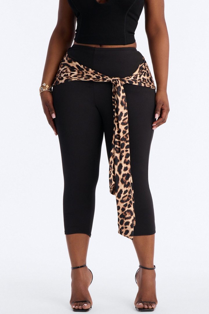 Kiah Low Rise Leopard Tie Waist Capri Legging - Black/combo