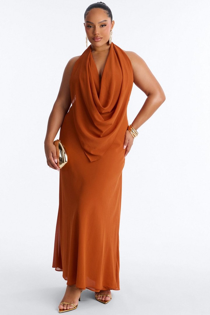Indyah Draped Chiffon Maxi Dress - Cognac