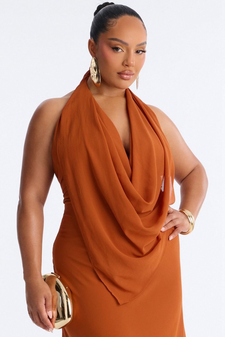 Indyah Draped Chiffon Maxi Dress - Cognac