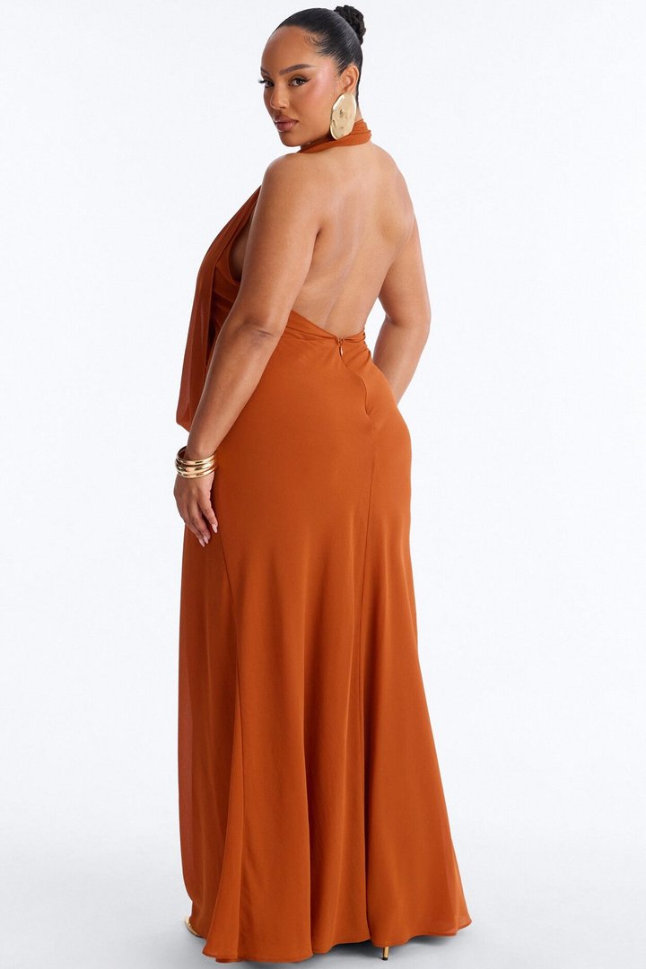 Indyah Draped Chiffon Maxi Dress - Cognac