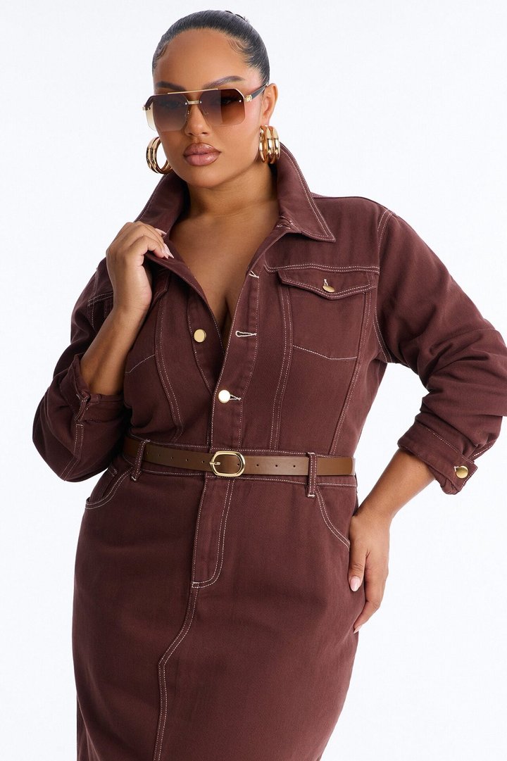 Harper Belted Denim Midi Dress - Brown