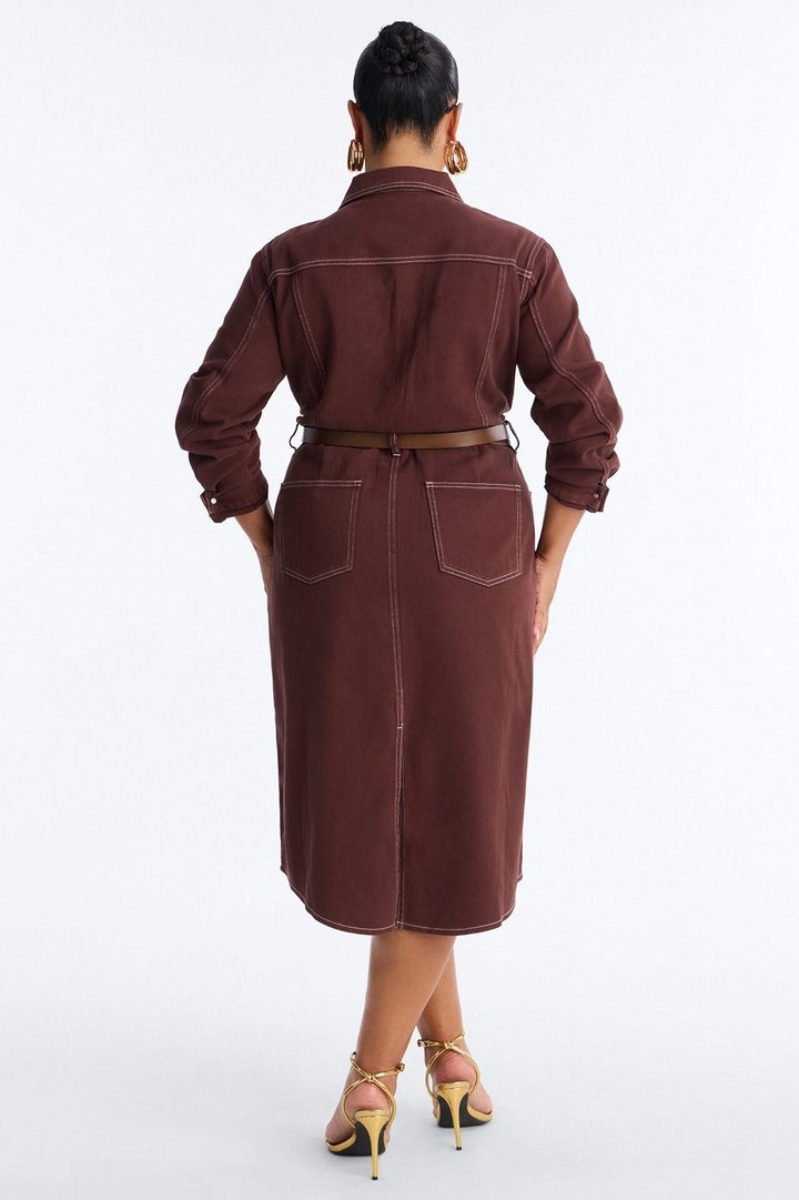 Harper Belted Denim Midi Dress - Brown