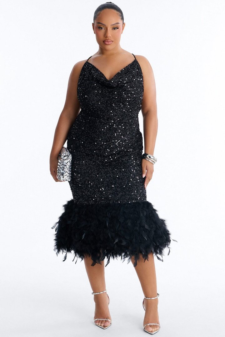 Zoey Feathered Sequin Midi Dress - Black