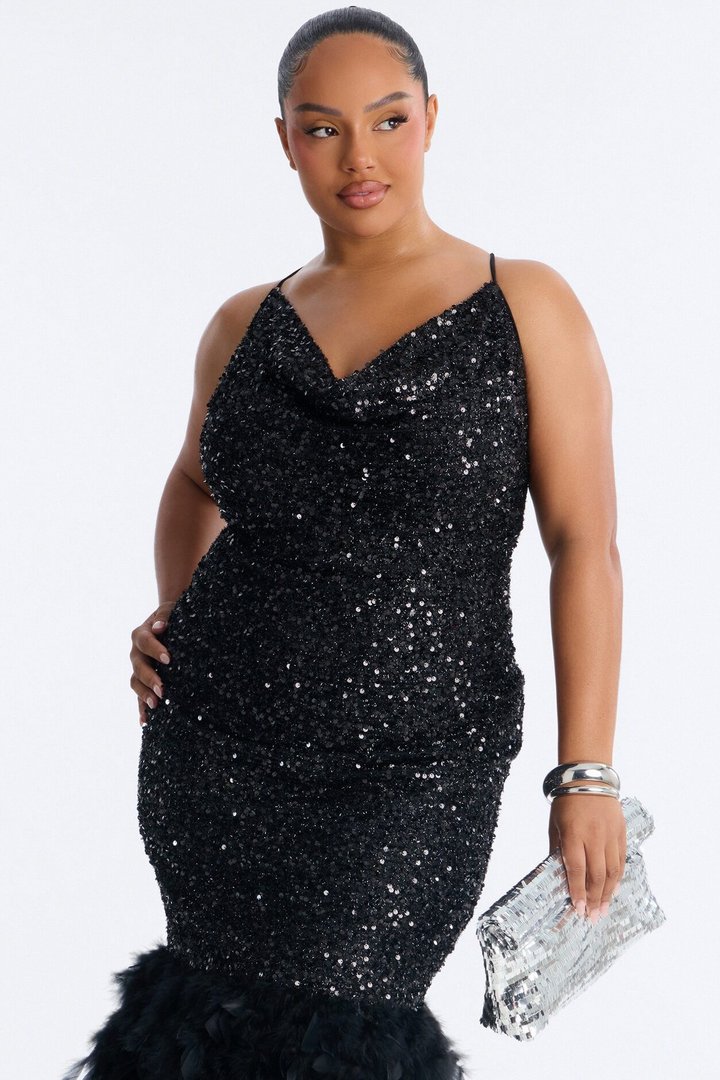 Zoey Feathered Sequin Midi Dress - Black