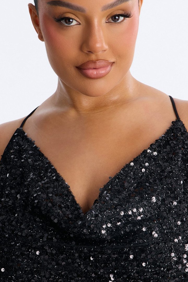 Zoey Feathered Sequin Midi Dress - Black
