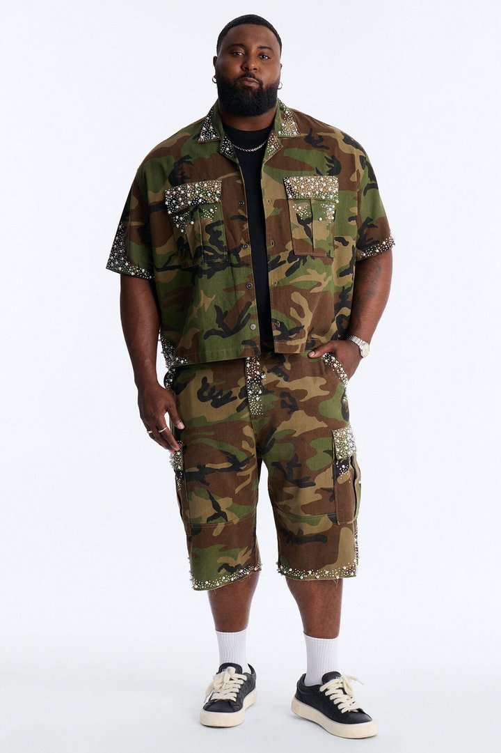 Cropped Pearl World Embellished Shirt - Camouflage