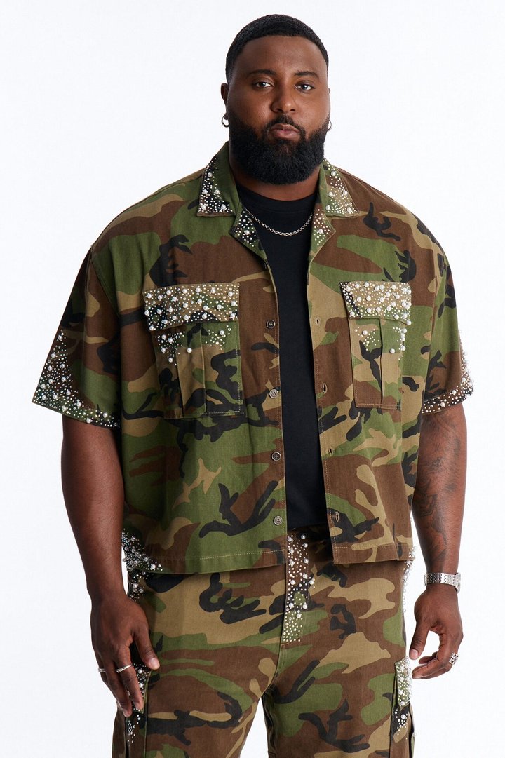 Cropped Pearl World Embellished Shirt - Camouflage