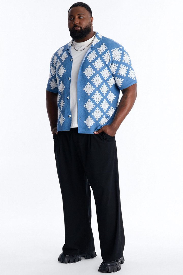 Relaxed Wave Side Crochet Cuban Collar Button Up Shirt - Slate Blue