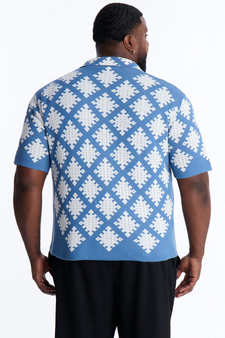 Relaxed Wave Side Crochet Cuban Collar Button Up Shirt - Slate Blue