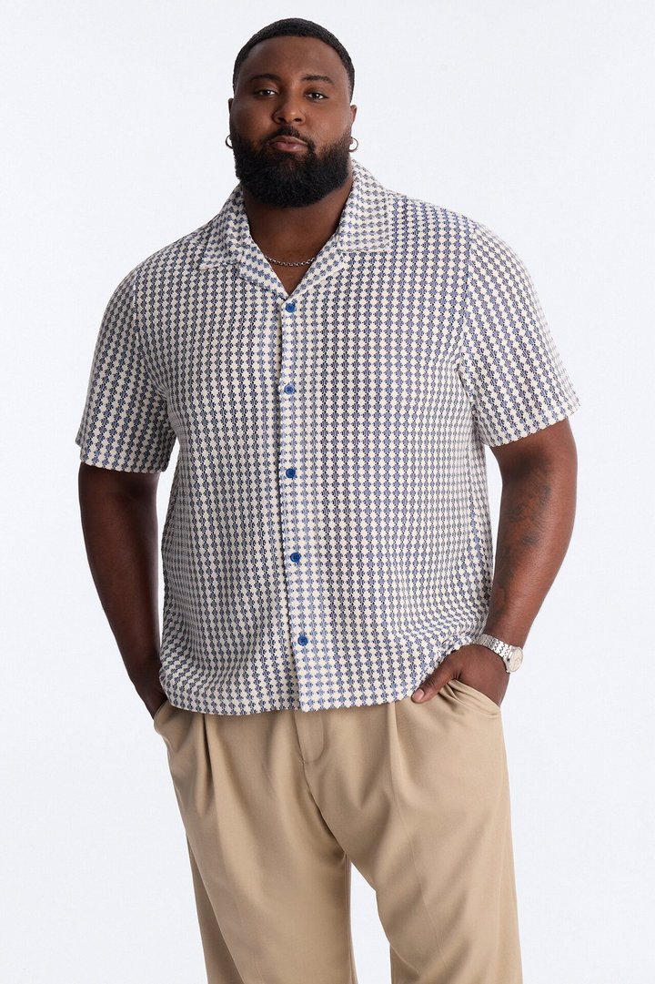 Skypuff Cloud Short Sleeve Cuban Collar Button Up Shirt - Blue