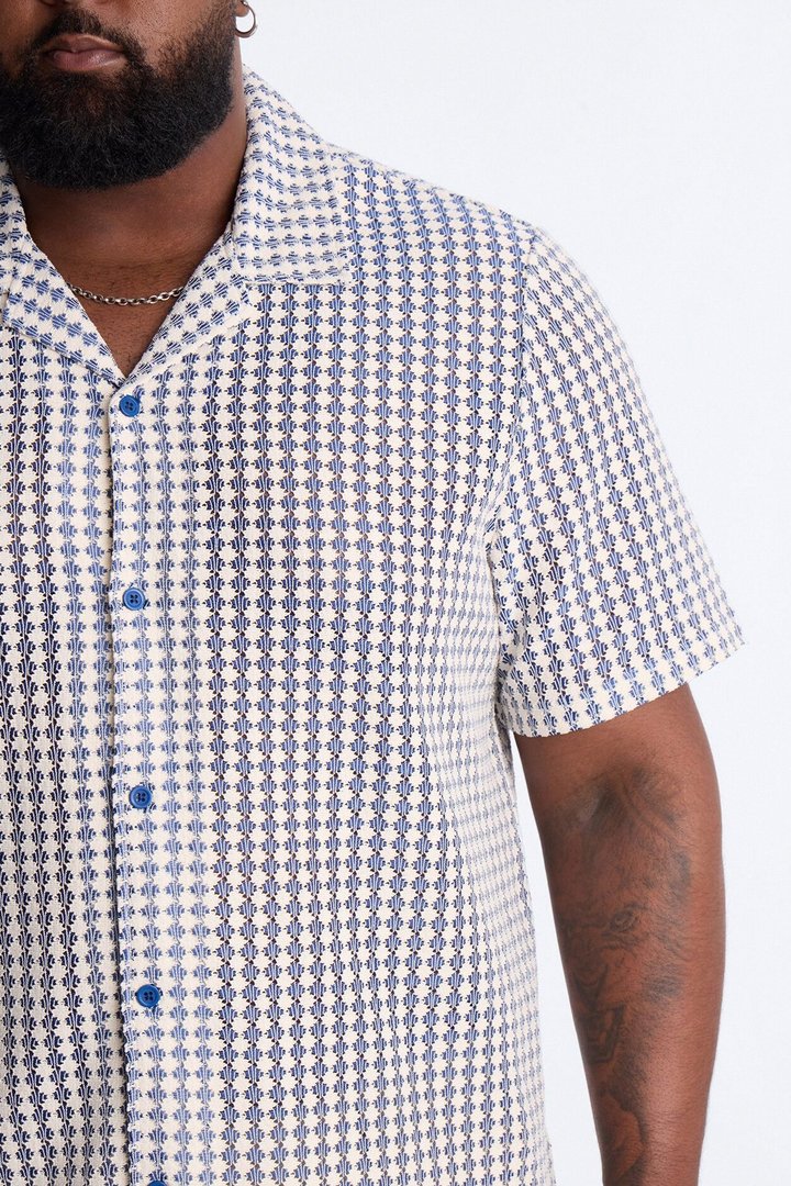 Skypuff Cloud Short Sleeve Cuban Collar Button Up Shirt - Blue