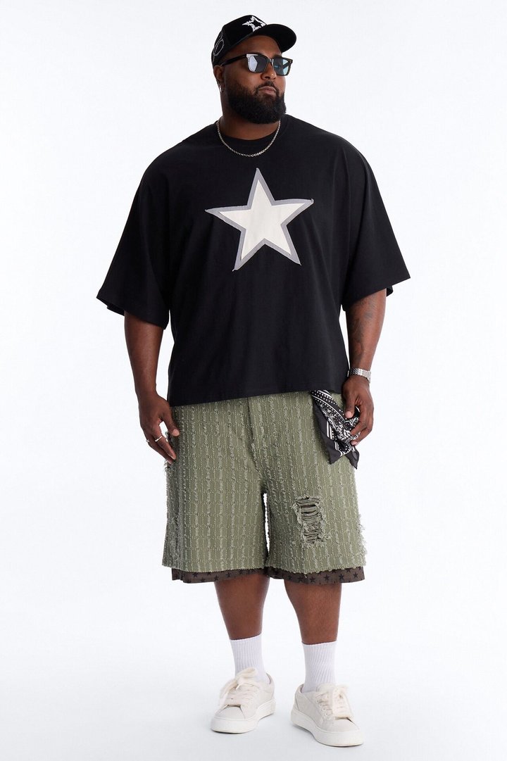Premium Oversized Star Patch Short Sleeve Tee - Black
