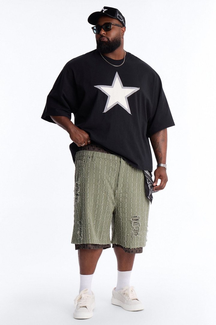 Baggy Double Waisted Stars And Distressed Short - Olive