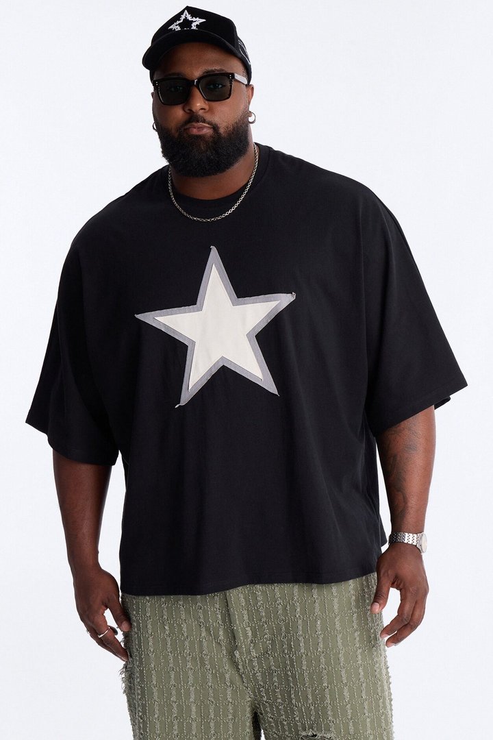 Premium Oversized Star Patch Short Sleeve Tee - Black