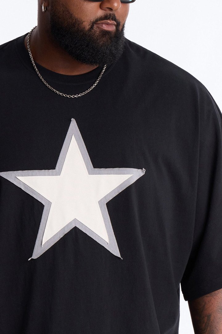Premium Oversized Star Patch Short Sleeve Tee - Black