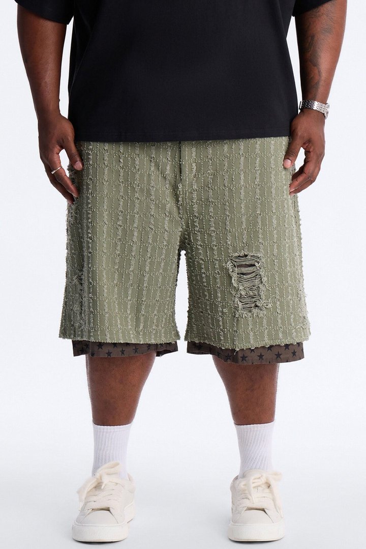 Baggy Double Waisted Stars And Distressed Short - Olive