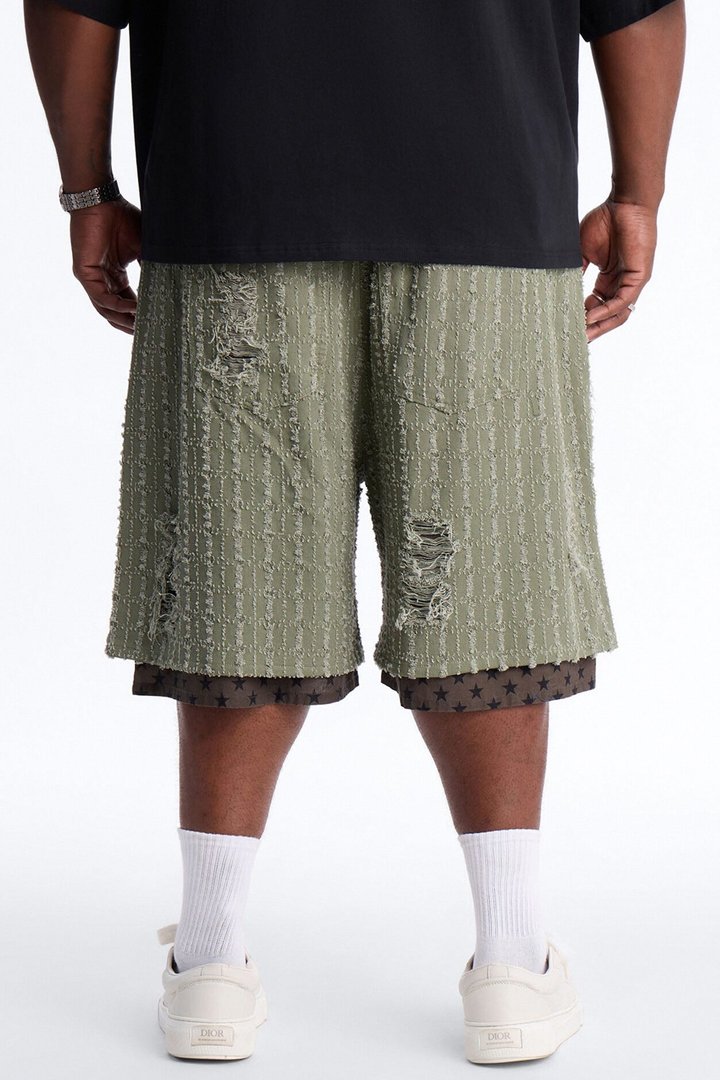 Baggy Double Waisted Stars And Distressed Short - Olive