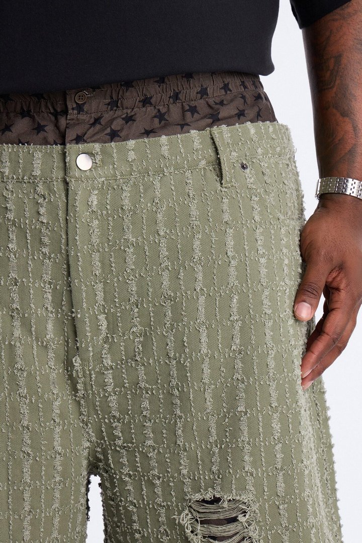 Baggy Double Waisted Stars And Distressed Short - Olive