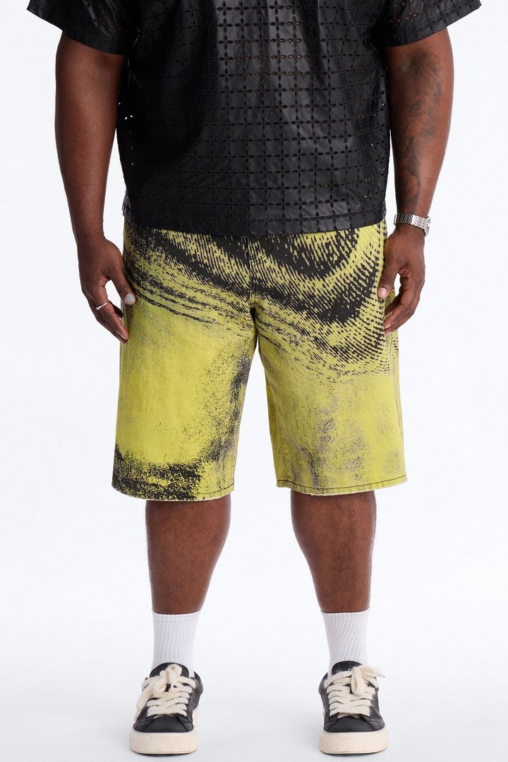 Baggy All The Wavez Printed Denim Short - Neon Yellow