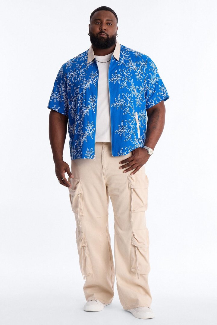 Relaxed Island Riot Embroidered Zip Shirt - Blue