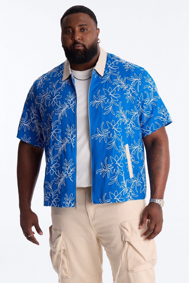 Relaxed Island Riot Embroidered Zip Shirt - Blue