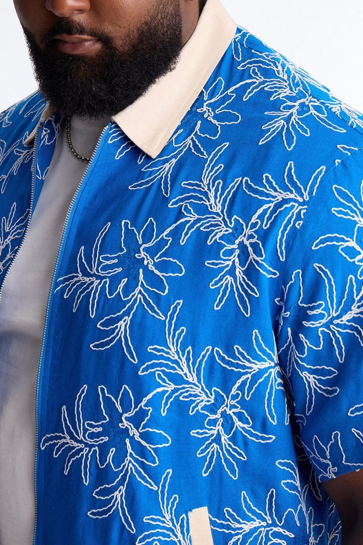 Relaxed Island Riot Embroidered Zip Shirt - Blue