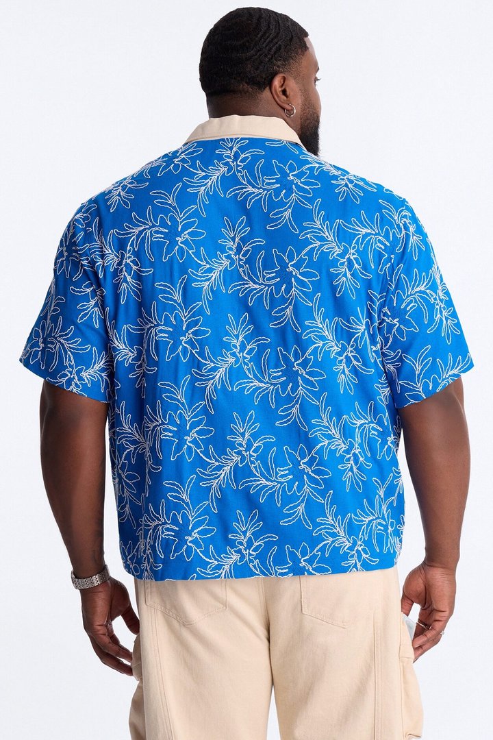 Relaxed Island Riot Embroidered Zip Shirt - Blue