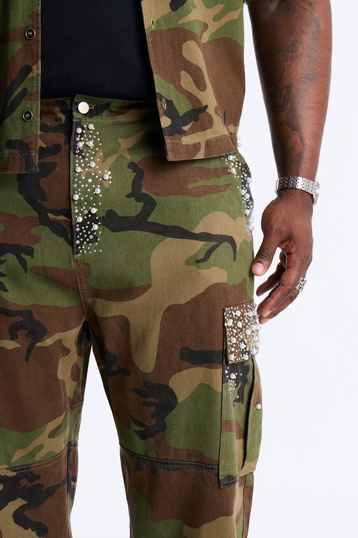 Baggy Pearl World Embellished Pant - Camouflage