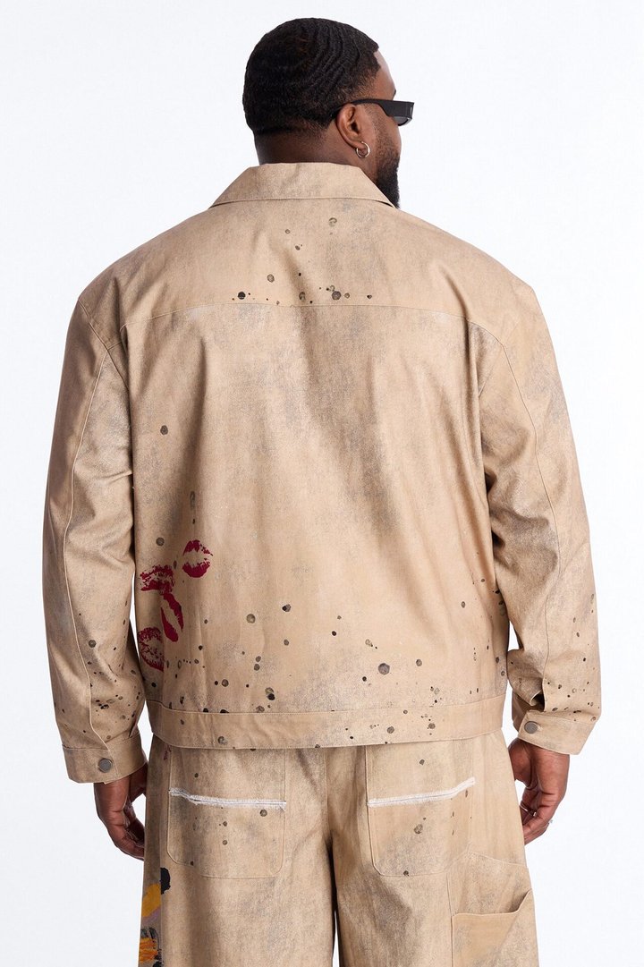 Cropped Culture Society Paint Splatter Boxy Work Jacket - Khaki