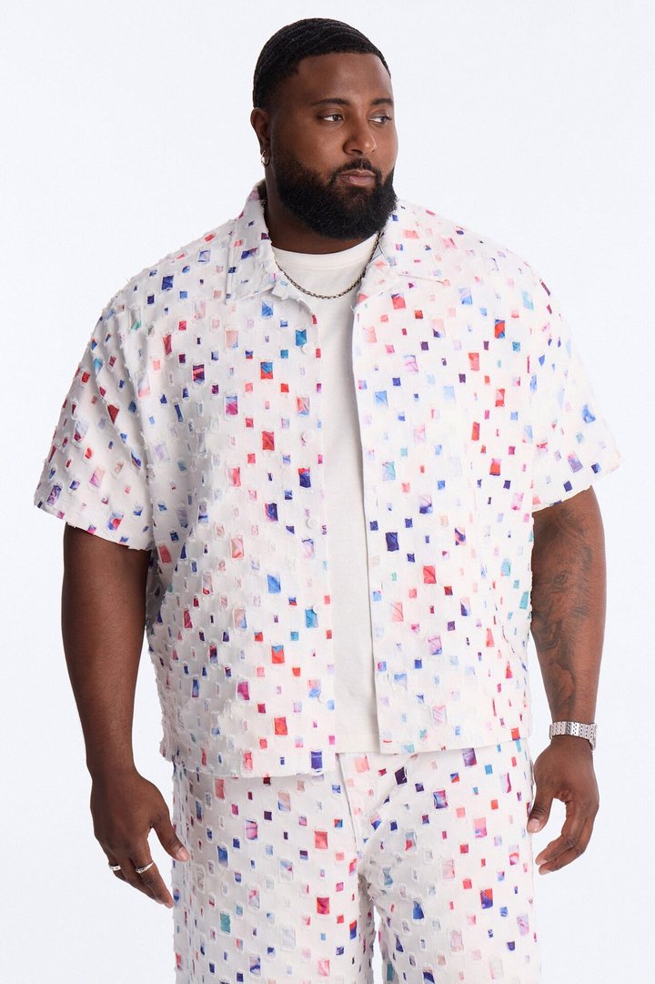 Cropped Watercolor Window Button Up Shirt - White