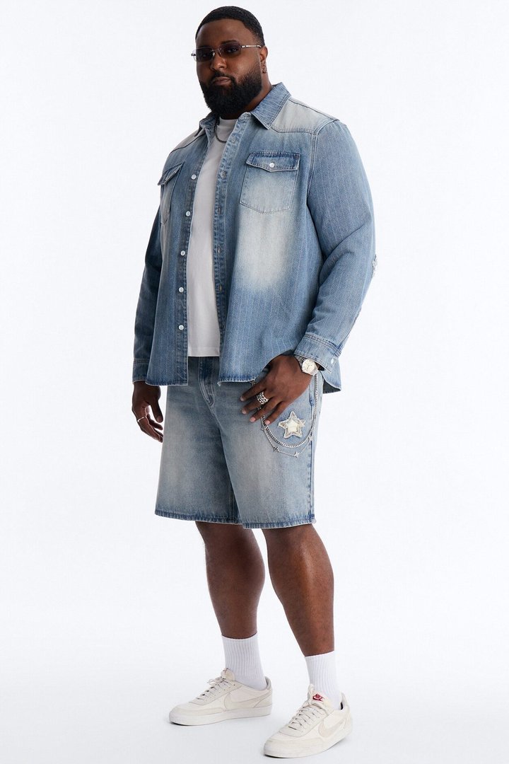 Stars And Stripes Long Sleeve Button Up Denim Shirt - Vintage Blue Wash
