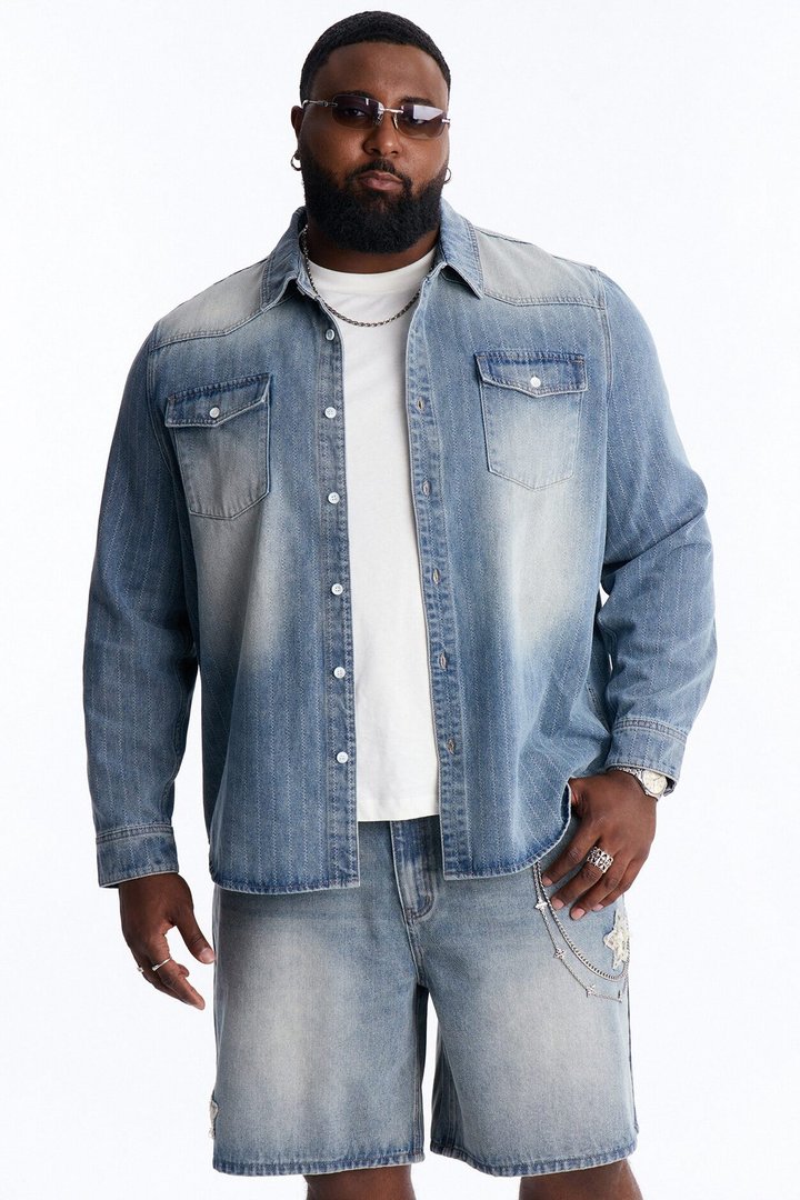 Stars And Stripes Long Sleeve Button Up Denim Shirt - Vintage Blue Wash