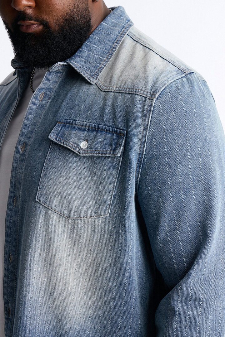 Stars And Stripes Long Sleeve Button Up Denim Shirt - Vintage Blue Wash