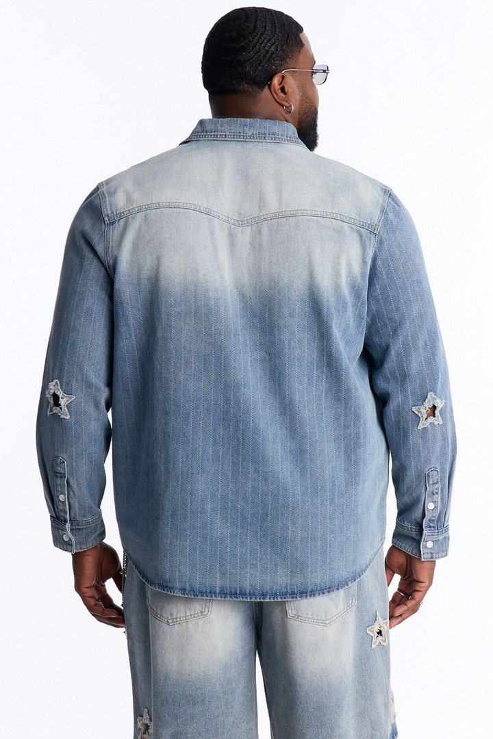 Stars And Stripes Long Sleeve Button Up Denim Shirt - Vintage Blue Wash