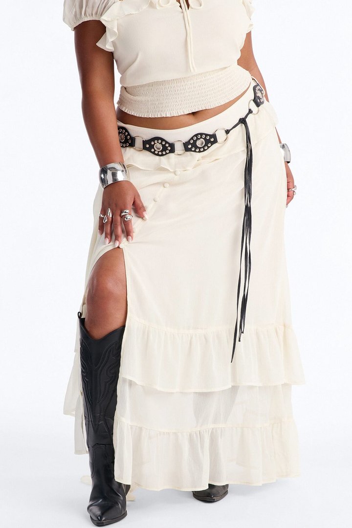 Odessa Ruffle Belted Maxi Skirt Set - Cream