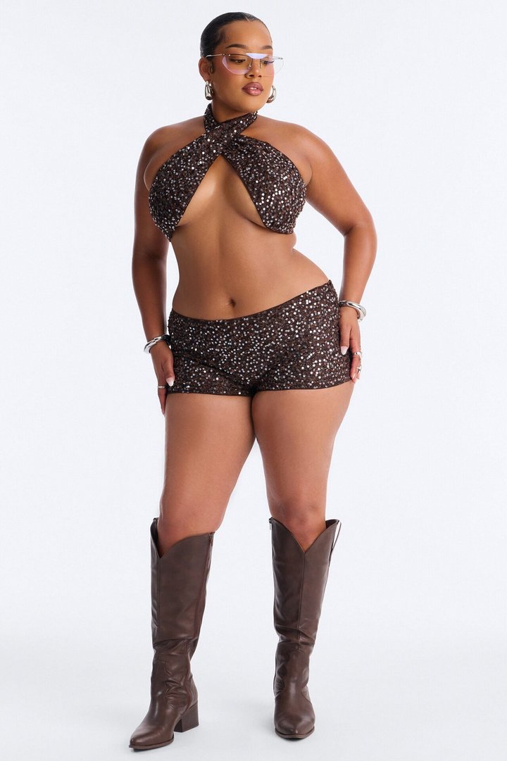 Like You Mean It Striped Knit Sequin Halter Top - Brown