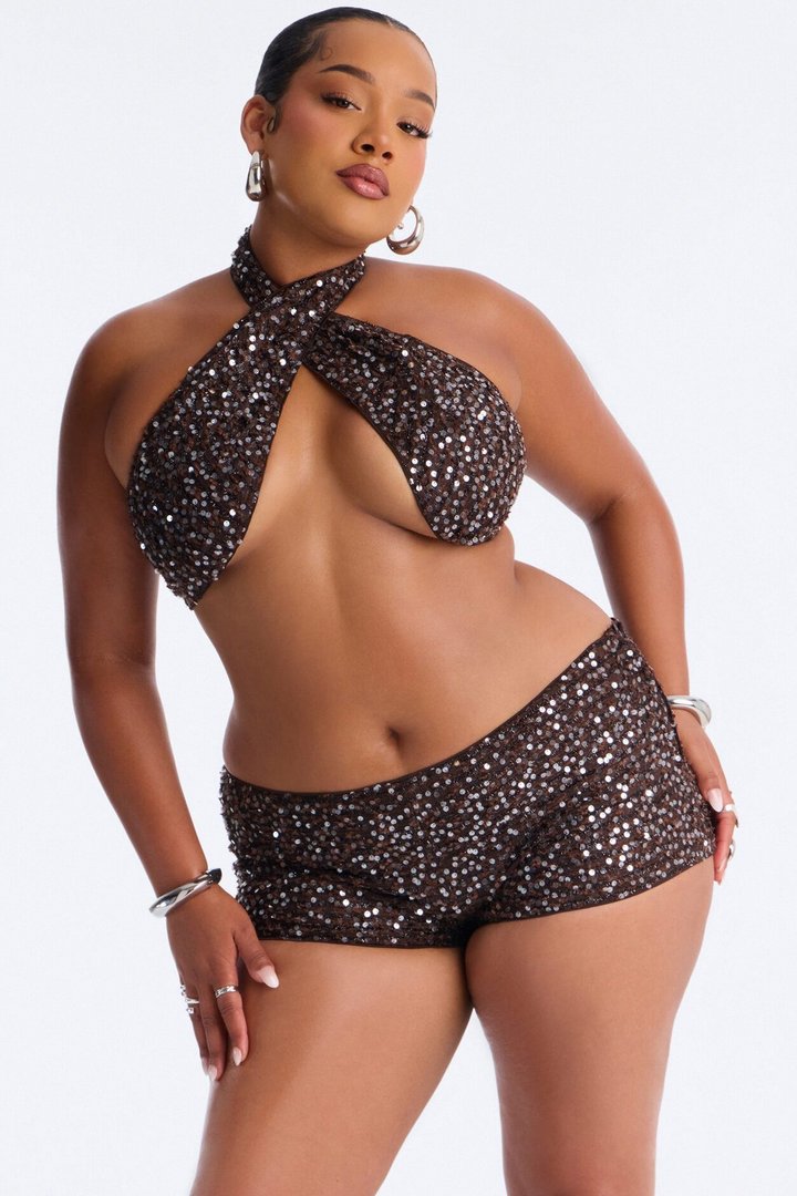 Like You Mean It Striped Knit Sequin Halter Top - Brown