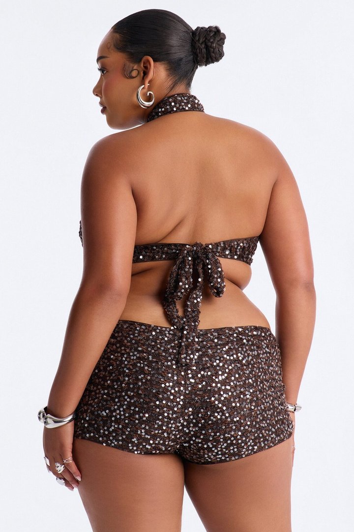 Like You Mean It Striped Knit Sequin Halter Top - Brown