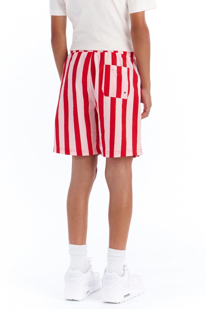 Mini Striped Party Seersucker Swim Trunk 6″ - Red