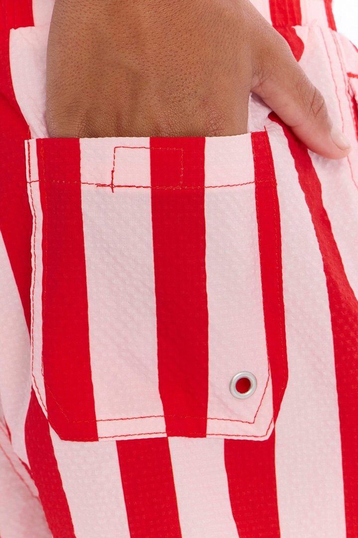 Mini Striped Party Seersucker Swim Trunk 6″ - Red