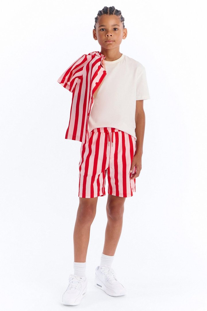 Mini Striped Party Seersucker Swim Trunk 6″ - Red