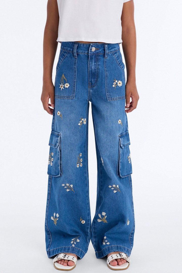 Mini Fab Flowers Cargo Jeans - Medium Wash