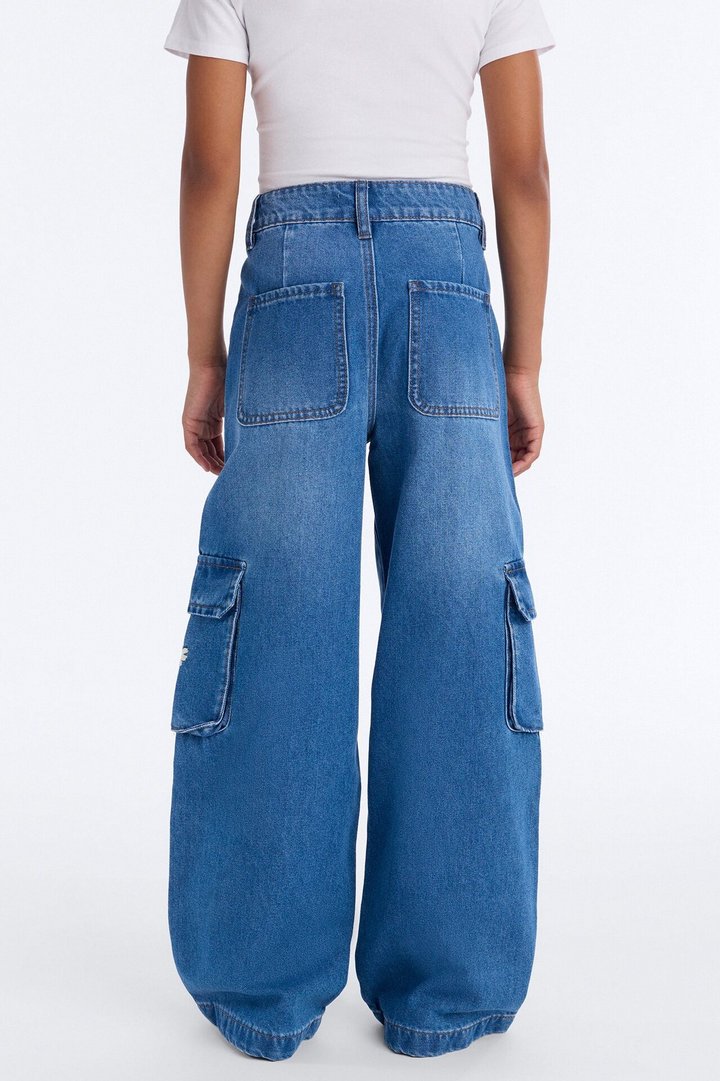 Mini Fab Flowers Cargo Jeans - Medium Wash