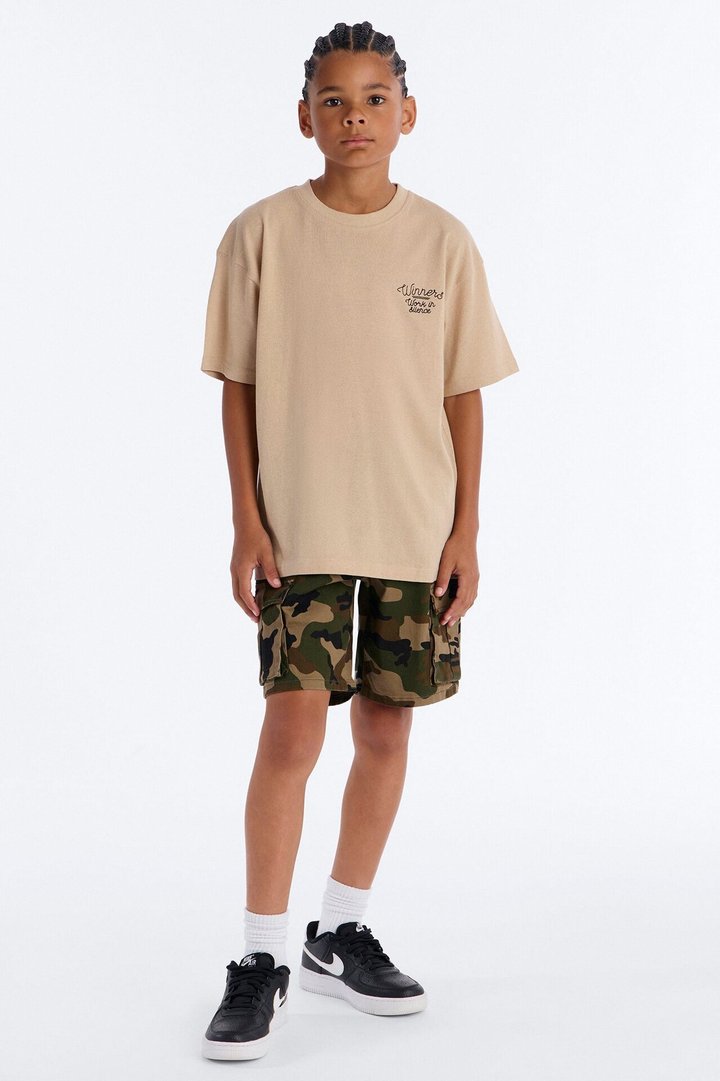Mini Pray And Paper Chase Embroidery Short Sleeve Tee - Khaki