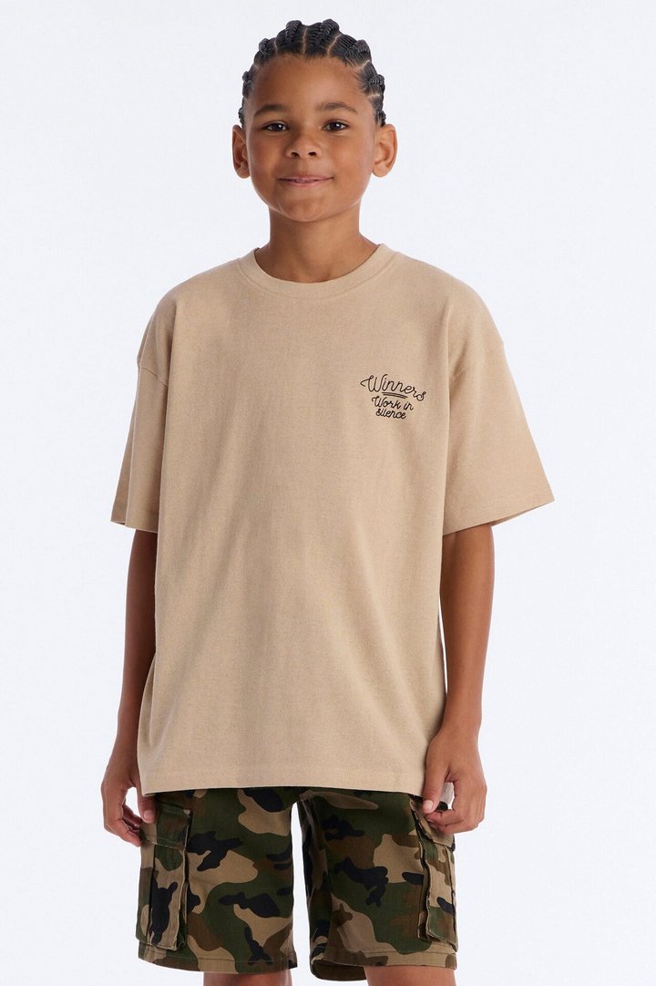 Mini Pray And Paper Chase Embroidery Short Sleeve Tee - Khaki