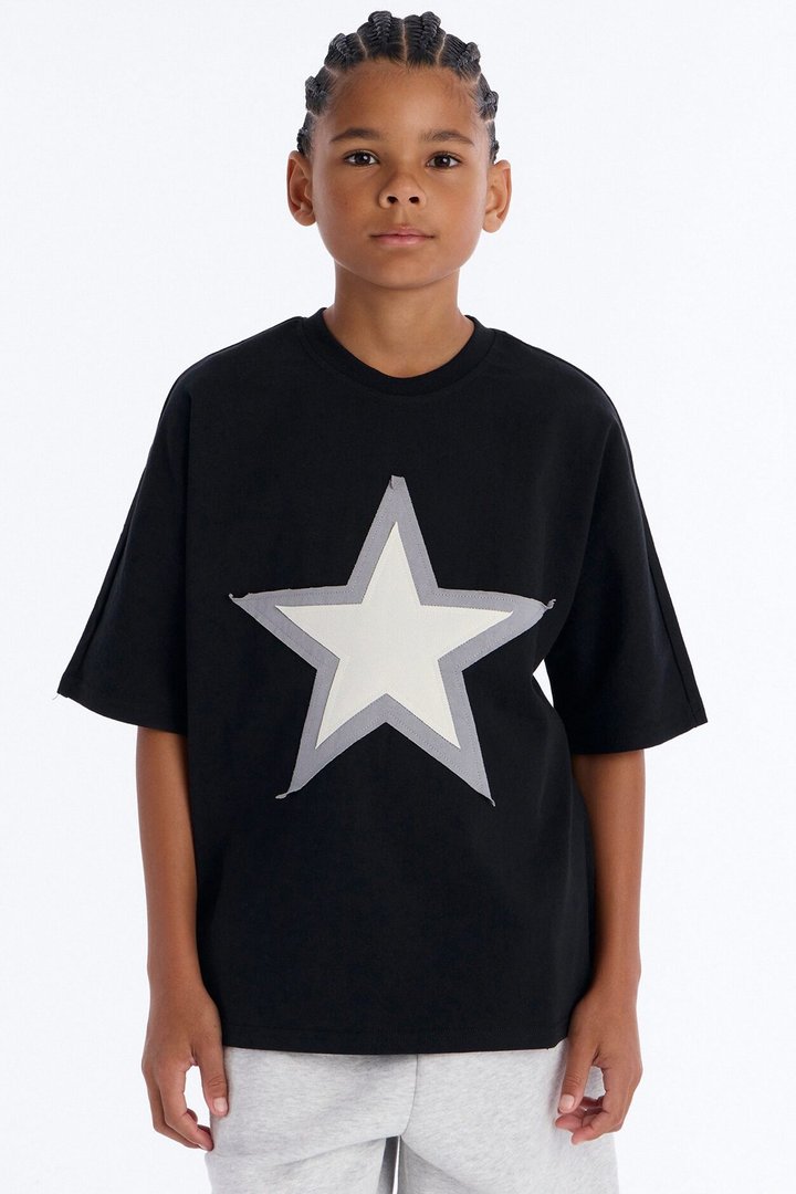Mini Premium Oversized Star Patch Short Sleeve Tee - Black