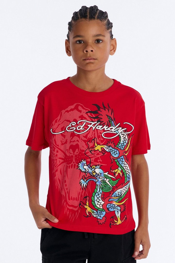 Mini Ed Hardy Daring Dragon Front/Back Short Sleeve Tee - Red