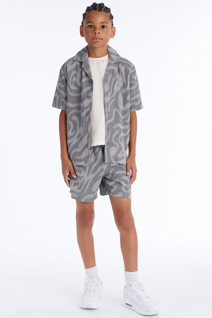 Mini Midnight Wave Cuban Button Up Shirt - Grey